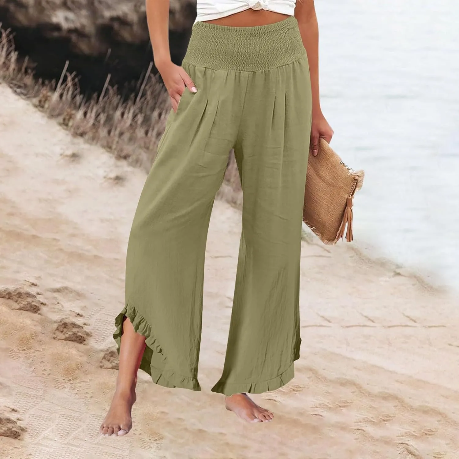 Linen Wide Leg Pants for Women Stretch Smocked High Waisted Ruffle Hem Palazzo Trousers Summer Casual Loose Beach Pants