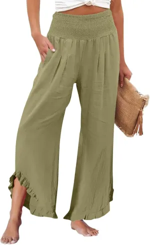Linen Wide Leg Pants for Women Stretch Smocked High Waisted Ruffle Hem Palazzo Trousers Summer Casual Loose Beach Pants