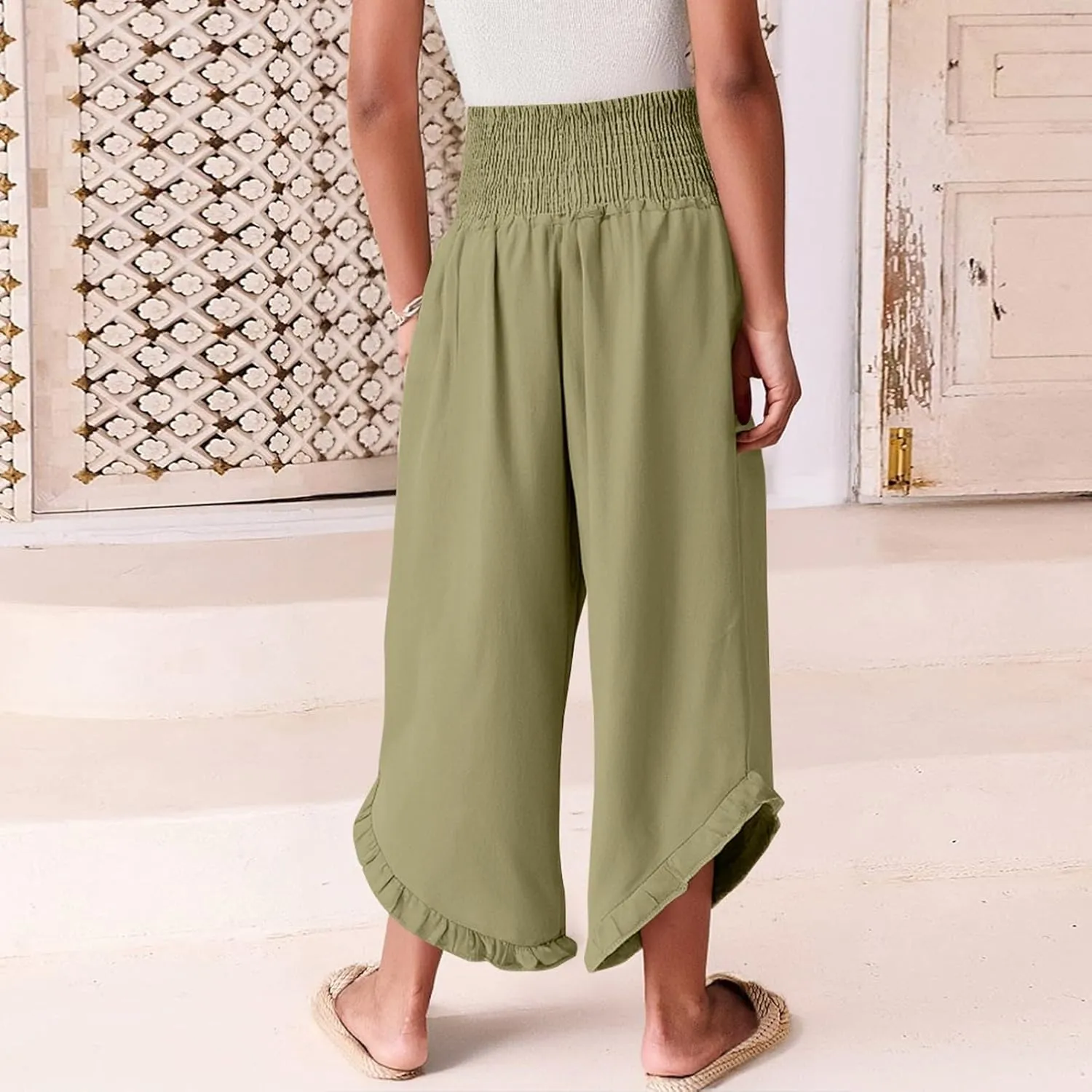 Linen Wide Leg Pants for Women Stretch Smocked High Waisted Ruffle Hem Palazzo Trousers Summer Casual Loose Beach Pants