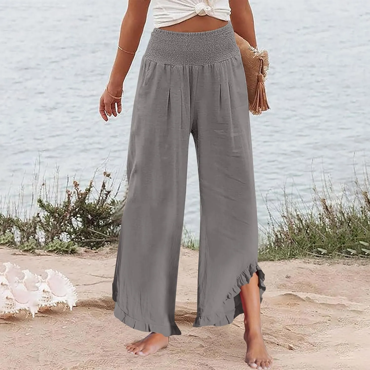 Linen Wide Leg Pants for Women Stretch Smocked High Waisted Ruffle Hem Palazzo Trousers Summer Casual Loose Beach Pants