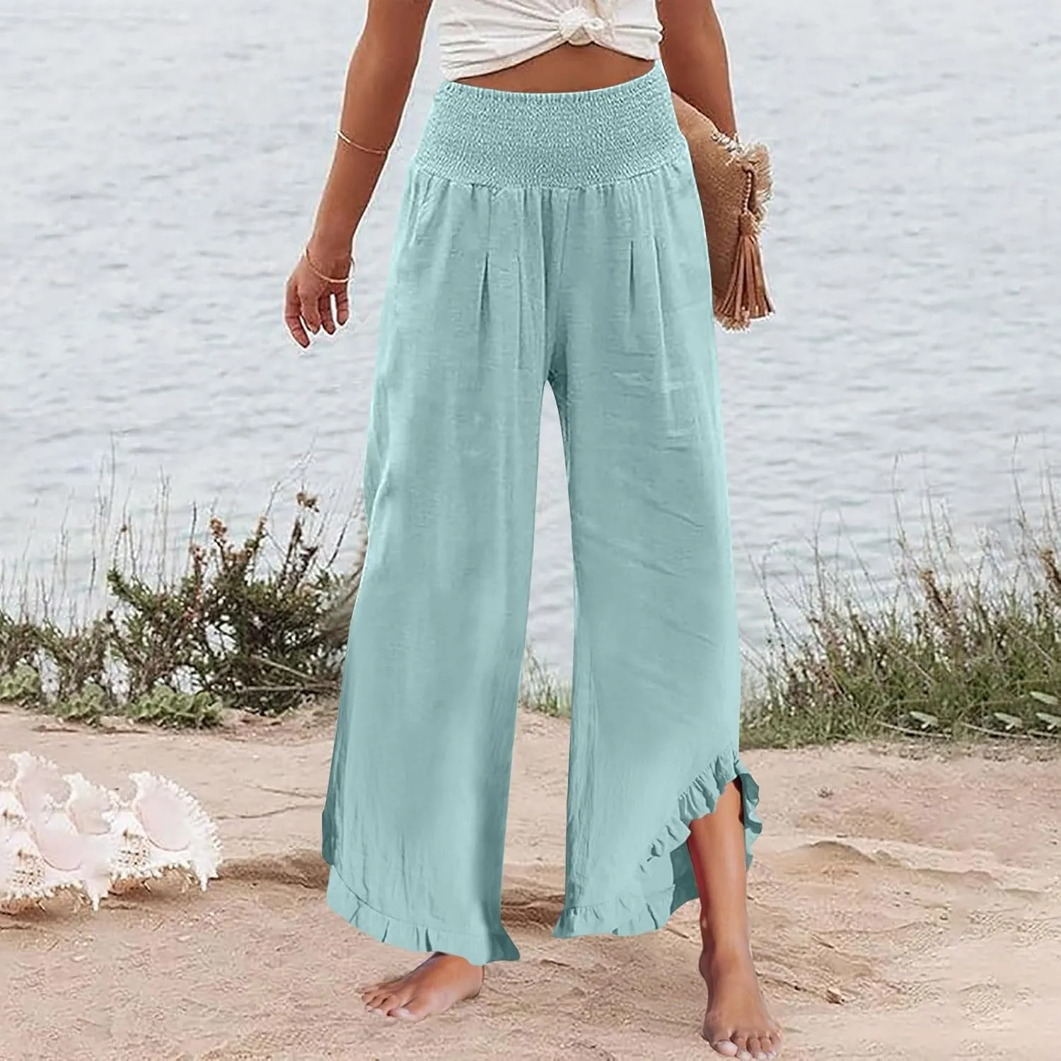 Linen Wide Leg Pants for Women Stretch Smocked High Waisted Ruffle Hem Palazzo Trousers Summer Casual Loose Beach Pants