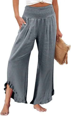 Linen Wide Leg Pants for Women Stretch Smocked High Waisted Ruffle Hem Palazzo Trousers Summer Casual Loose Beach Pants