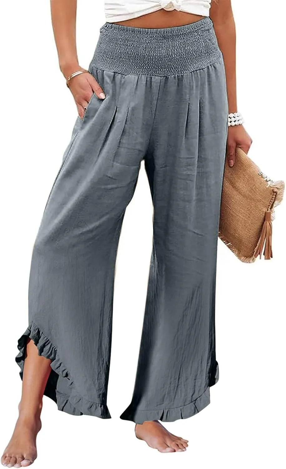 Linen Wide Leg Pants for Women Stretch Smocked High Waisted Ruffle Hem Palazzo Trousers Summer Casual Loose Beach Pants
