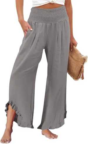 Linen Wide Leg Pants for Women Stretch Smocked High Waisted Ruffle Hem Palazzo Trousers Summer Casual Loose Beach Pants
