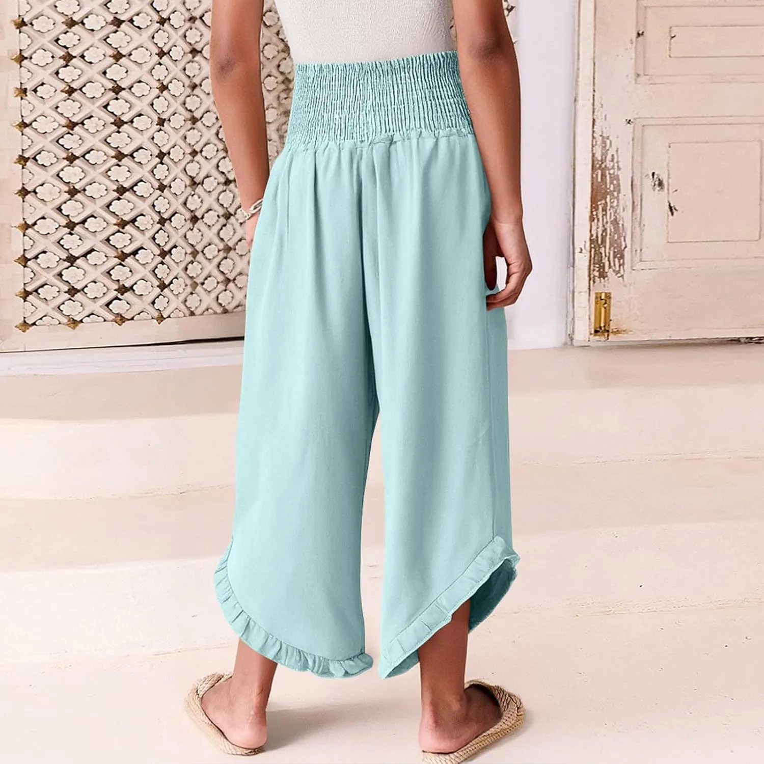 Linen Wide Leg Pants for Women Stretch Smocked High Waisted Ruffle Hem Palazzo Trousers Summer Casual Loose Beach Pants