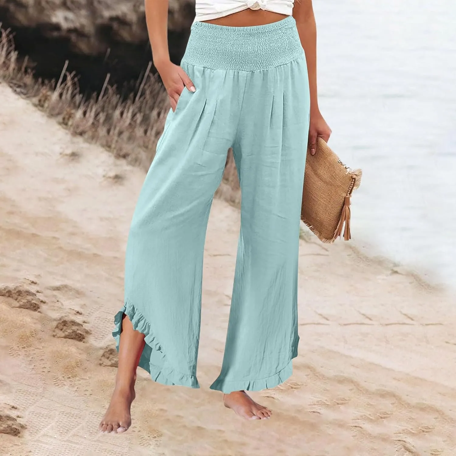 Linen Wide Leg Pants for Women Stretch Smocked High Waisted Ruffle Hem Palazzo Trousers Summer Casual Loose Beach Pants