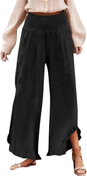 Linen Wide Leg Pants for Women Stretch Smocked High Waisted Ruffle Hem Palazzo Trousers Summer Casual Loose Beach Pants