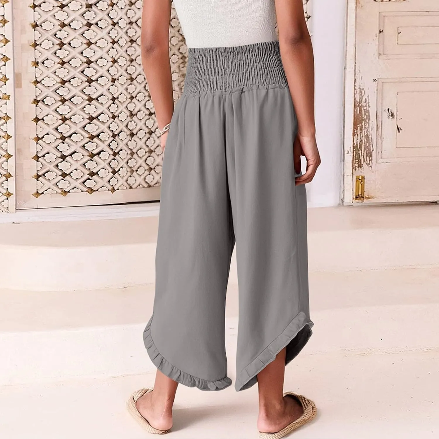 Linen Wide Leg Pants for Women Stretch Smocked High Waisted Ruffle Hem Palazzo Trousers Summer Casual Loose Beach Pants