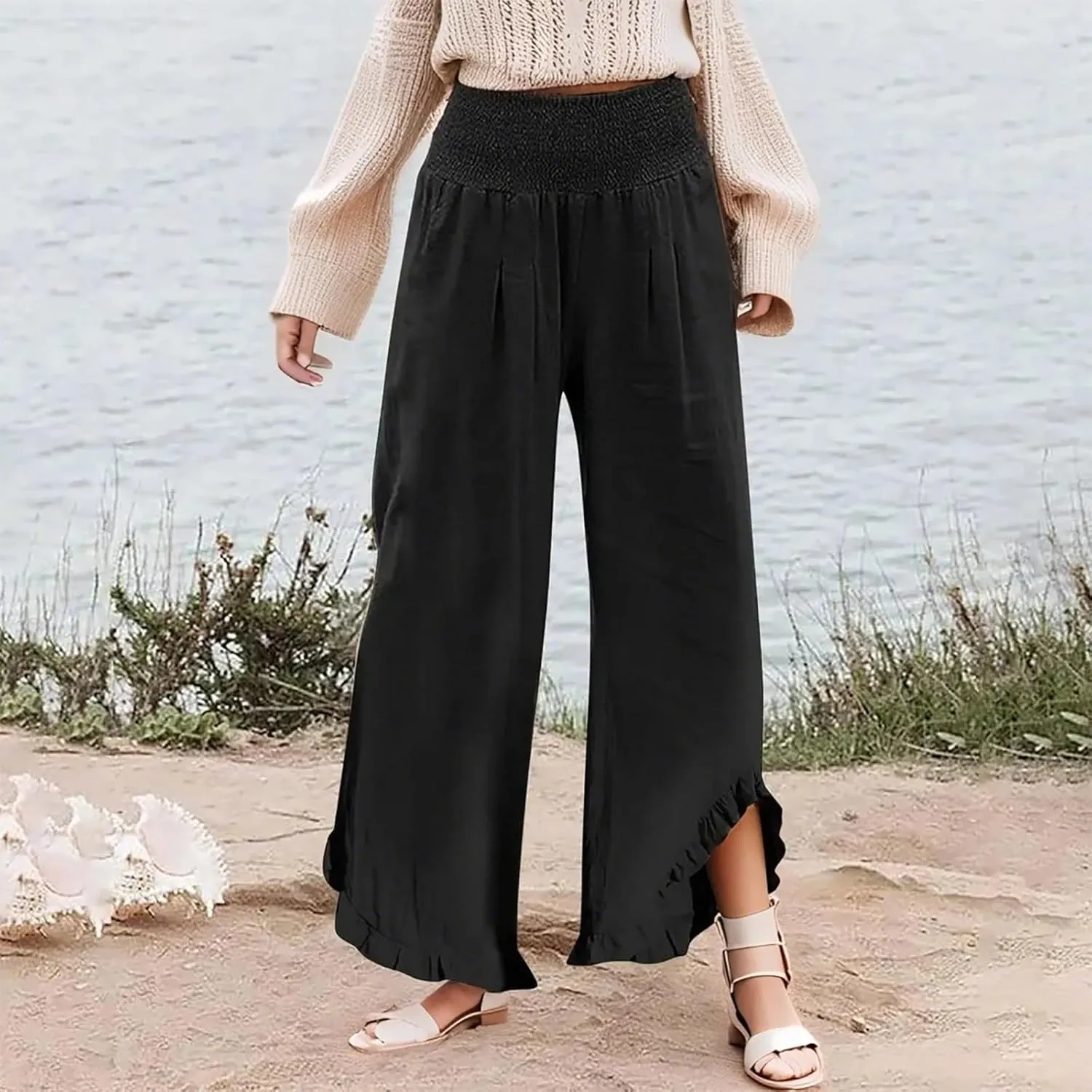 Linen Wide Leg Pants for Women Stretch Smocked High Waisted Ruffle Hem Palazzo Trousers Summer Casual Loose Beach Pants