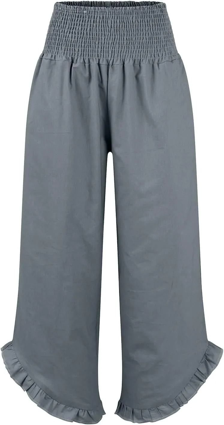 Linen Wide Leg Pants for Women Stretch Smocked High Waisted Ruffle Hem Palazzo Trousers Summer Casual Loose Beach Pants