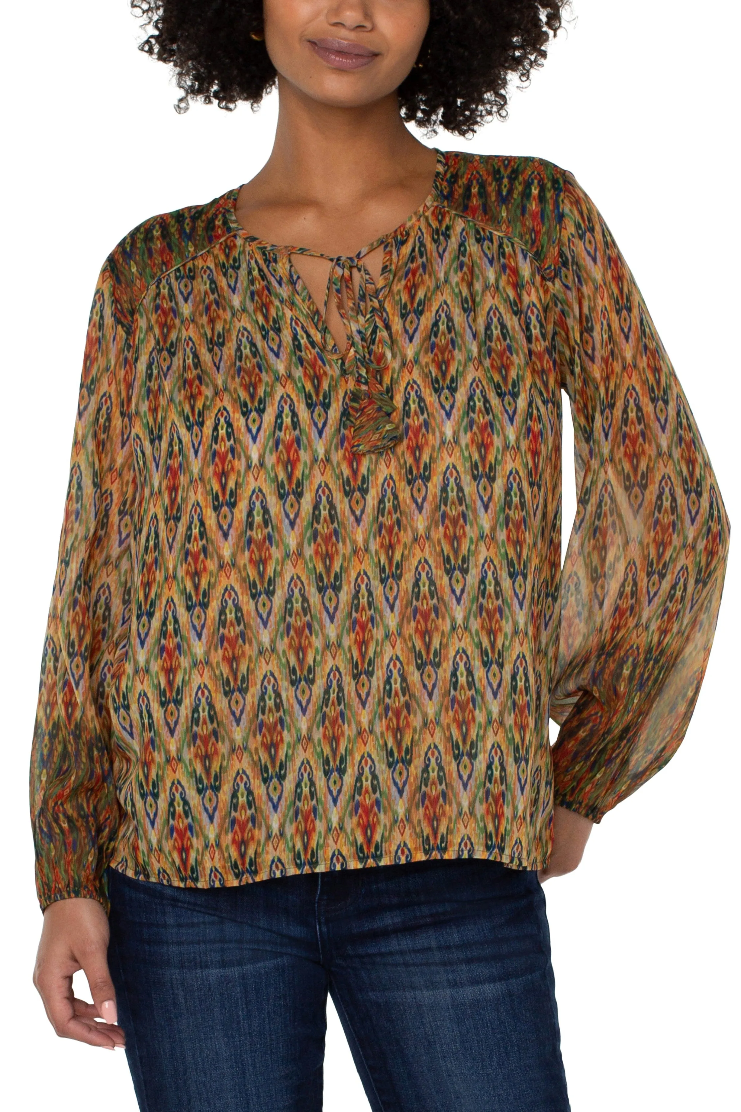 Liverpool Long Sleeve Double Layer Tie Front Woven Blouse
