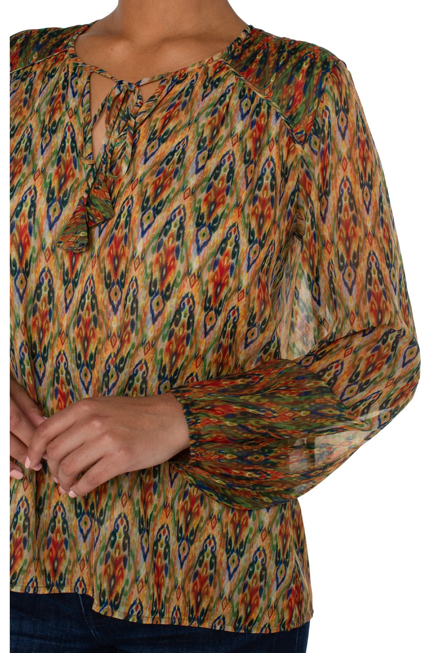 Liverpool Long Sleeve Double Layer Tie Front Woven Blouse