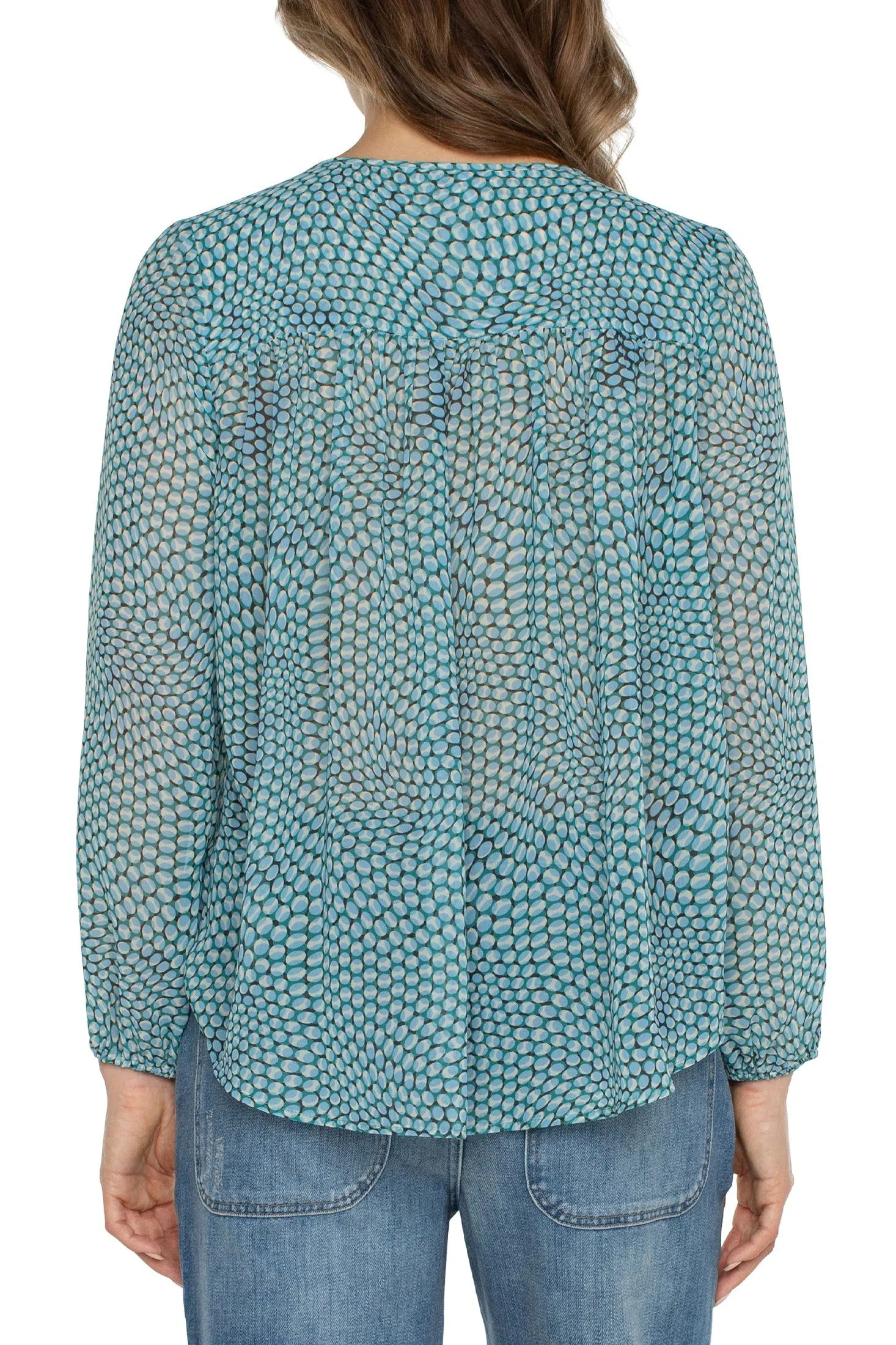 Liverpool Long Sleeve Tie Front Top With Shirred Back In Ocean Blue Dot