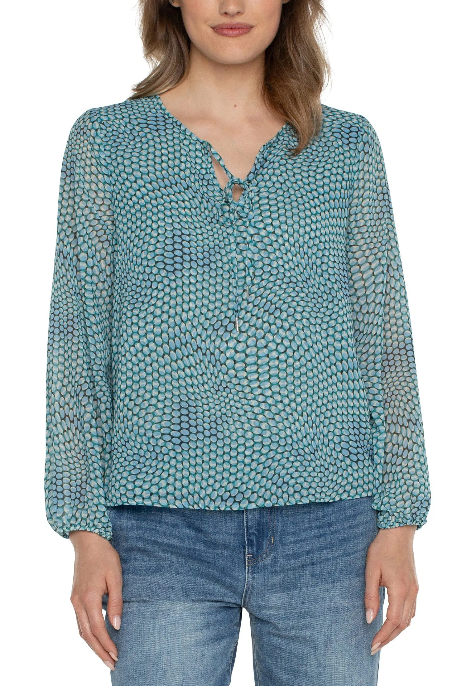Liverpool Long Sleeve Tie Front Top With Shirred Back In Ocean Blue Dot
