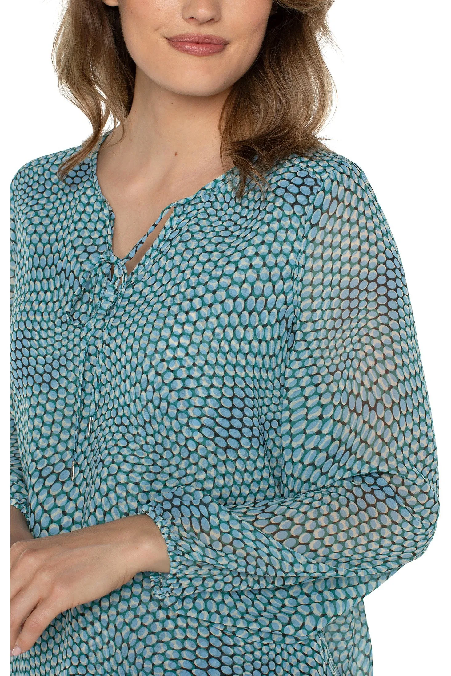Liverpool Long Sleeve Tie Front Top With Shirred Back In Ocean Blue Dot
