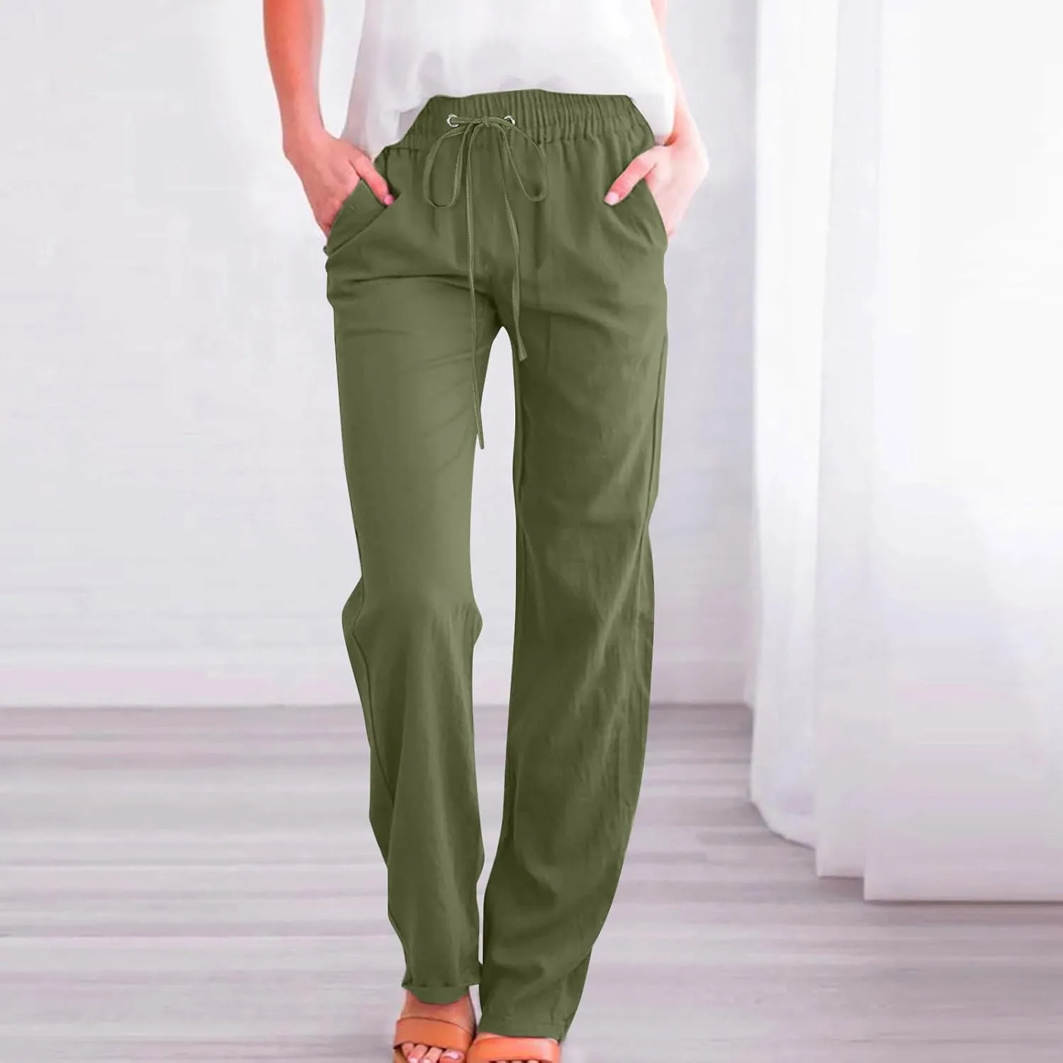 Lmdudan 2025 Cotton Linen Pants Women Straight Leg Drawstring Elastic Hight Waist Trousers with Pockets Loose Palazzo Pants