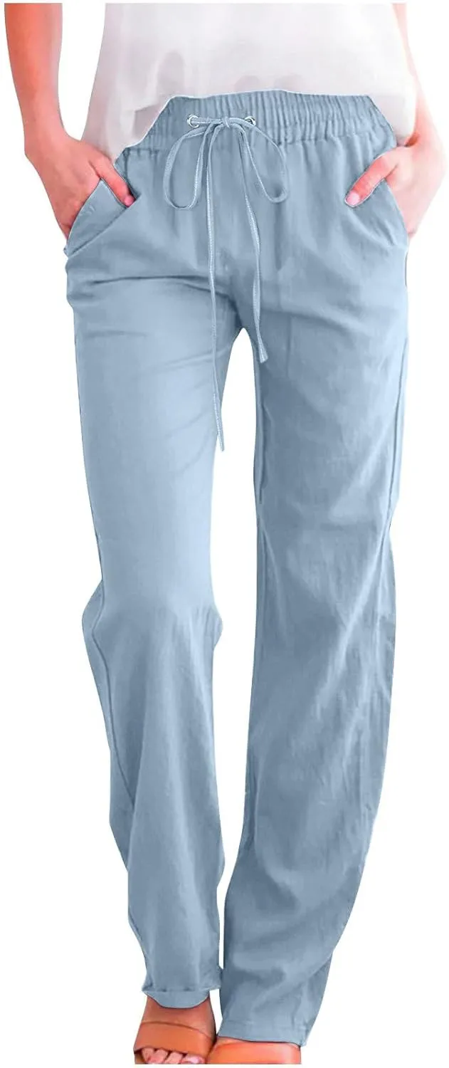 Lmdudan 2025 Cotton Linen Pants Women Straight Leg Drawstring Elastic Hight Waist Trousers with Pockets Loose Palazzo Pants
