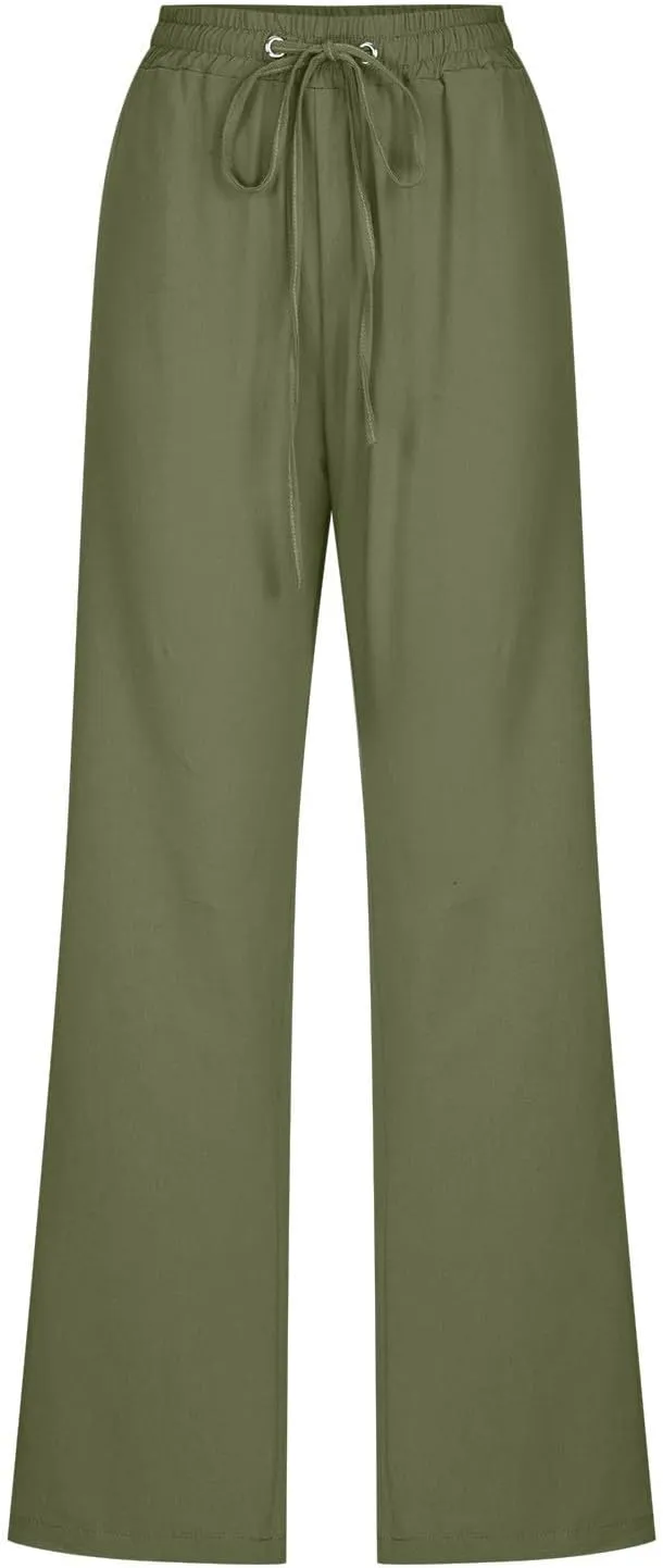 Lmdudan 2025 Cotton Linen Pants Women Straight Leg Drawstring Elastic Hight Waist Trousers with Pockets Loose Palazzo Pants