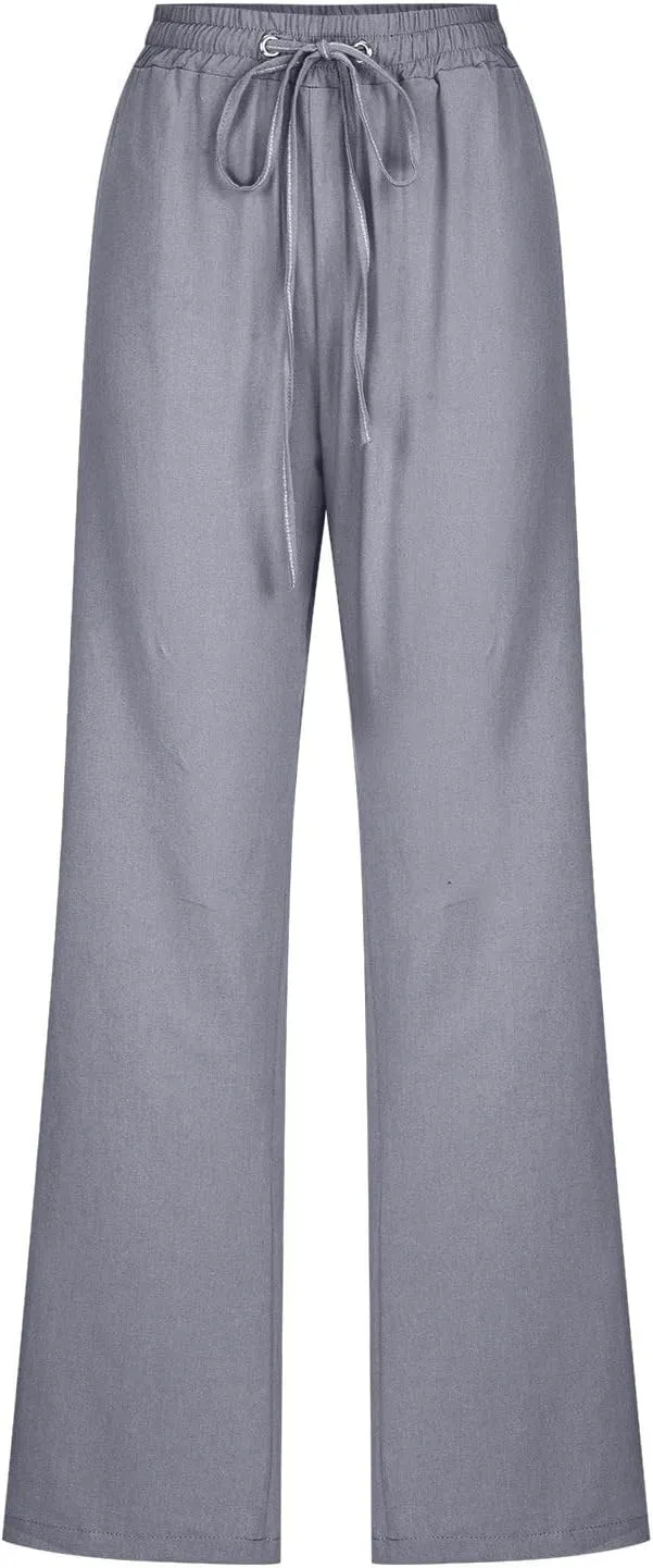 Lmdudan 2025 Cotton Linen Pants Women Straight Leg Drawstring Elastic Hight Waist Trousers with Pockets Loose Palazzo Pants