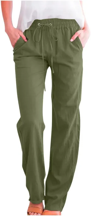 Lmdudan 2025 Cotton Linen Pants Women Straight Leg Drawstring Elastic Hight Waist Trousers with Pockets Loose Palazzo Pants