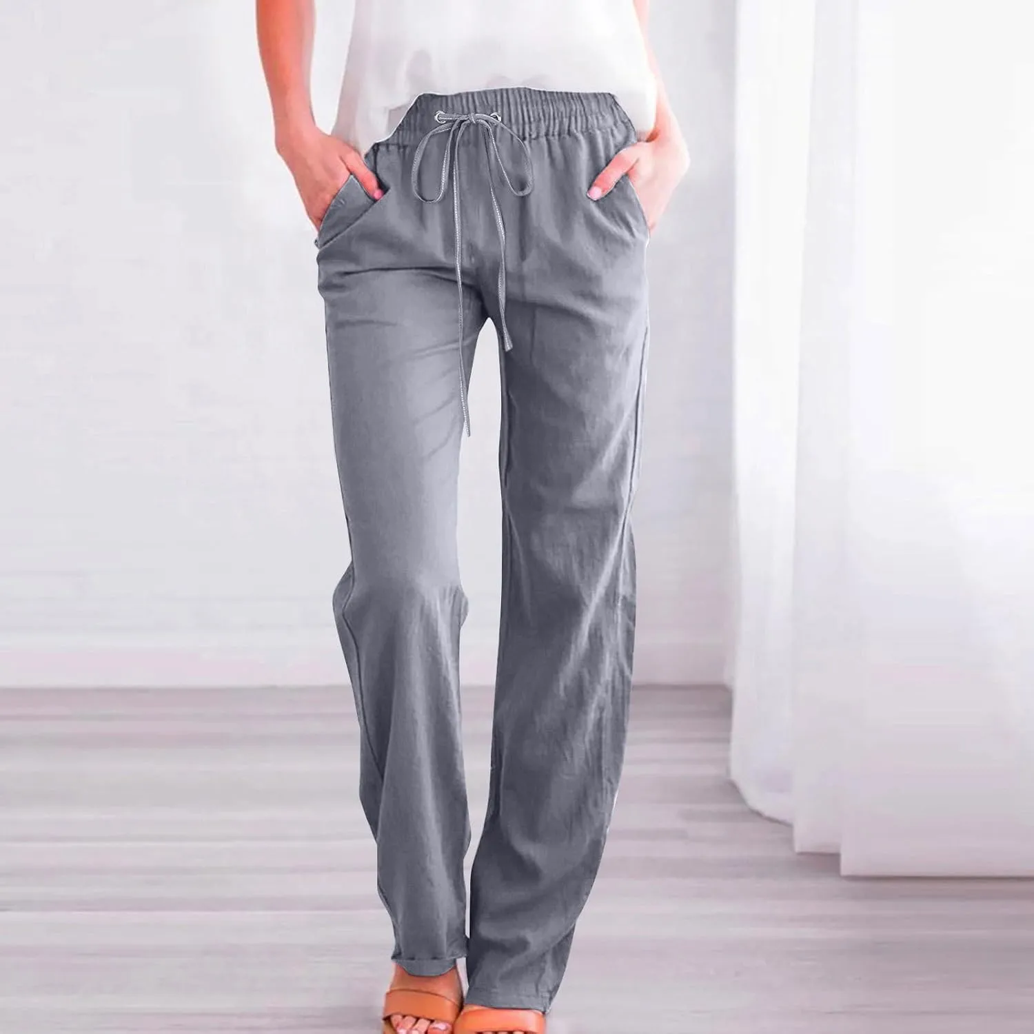 Lmdudan 2025 Cotton Linen Pants Women Straight Leg Drawstring Elastic Hight Waist Trousers with Pockets Loose Palazzo Pants
