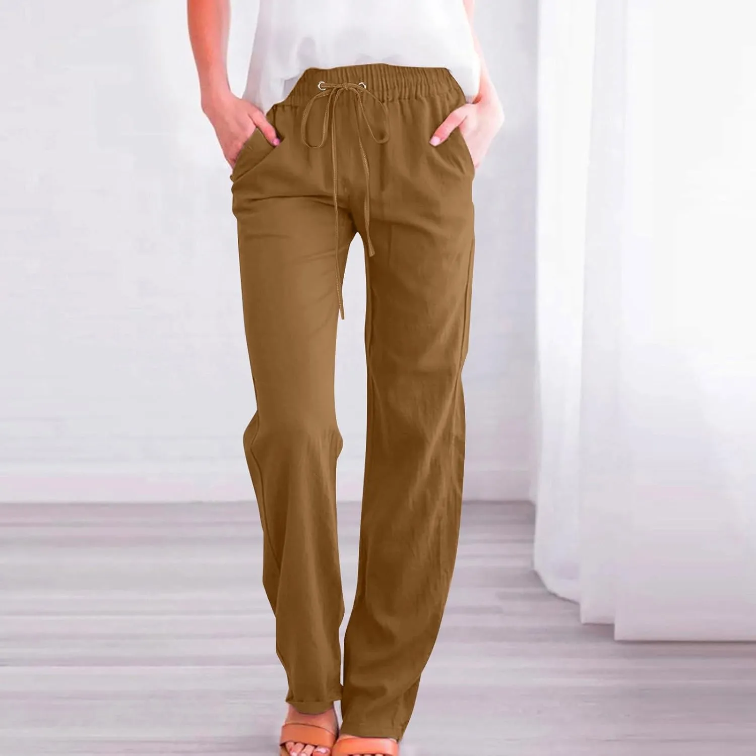 Lmdudan 2025 Cotton Linen Pants Women Straight Leg Drawstring Elastic Hight Waist Trousers with Pockets Loose Palazzo Pants