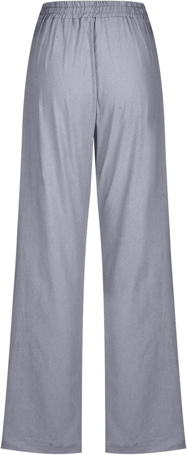 Lmdudan 2025 Cotton Linen Pants Women Straight Leg Drawstring Elastic Hight Waist Trousers with Pockets Loose Palazzo Pants
