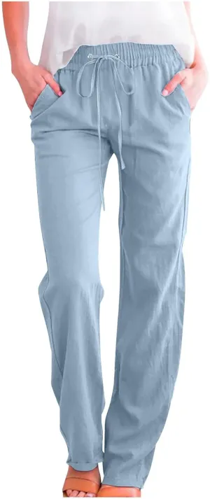 Lmdudan 2025 Cotton Linen Pants Women Straight Leg Drawstring Elastic Hight Waist Trousers with Pockets Loose Palazzo Pants