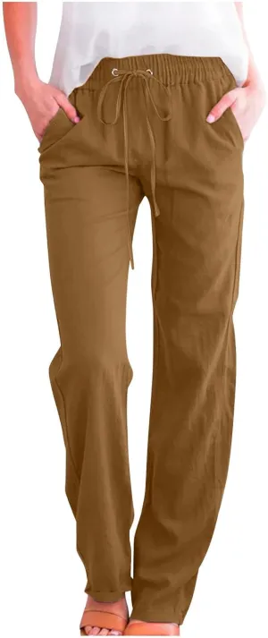 Lmdudan 2025 Cotton Linen Pants Women Straight Leg Drawstring Elastic Hight Waist Trousers with Pockets Loose Palazzo Pants