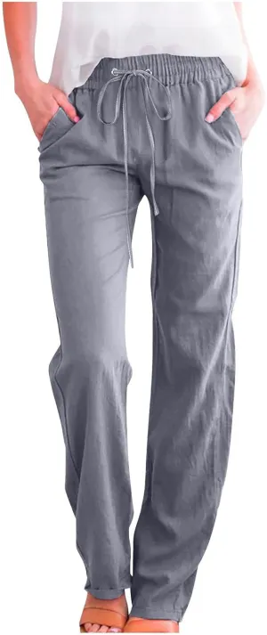 Lmdudan 2025 Cotton Linen Pants Women Straight Leg Drawstring Elastic Hight Waist Trousers with Pockets Loose Palazzo Pants