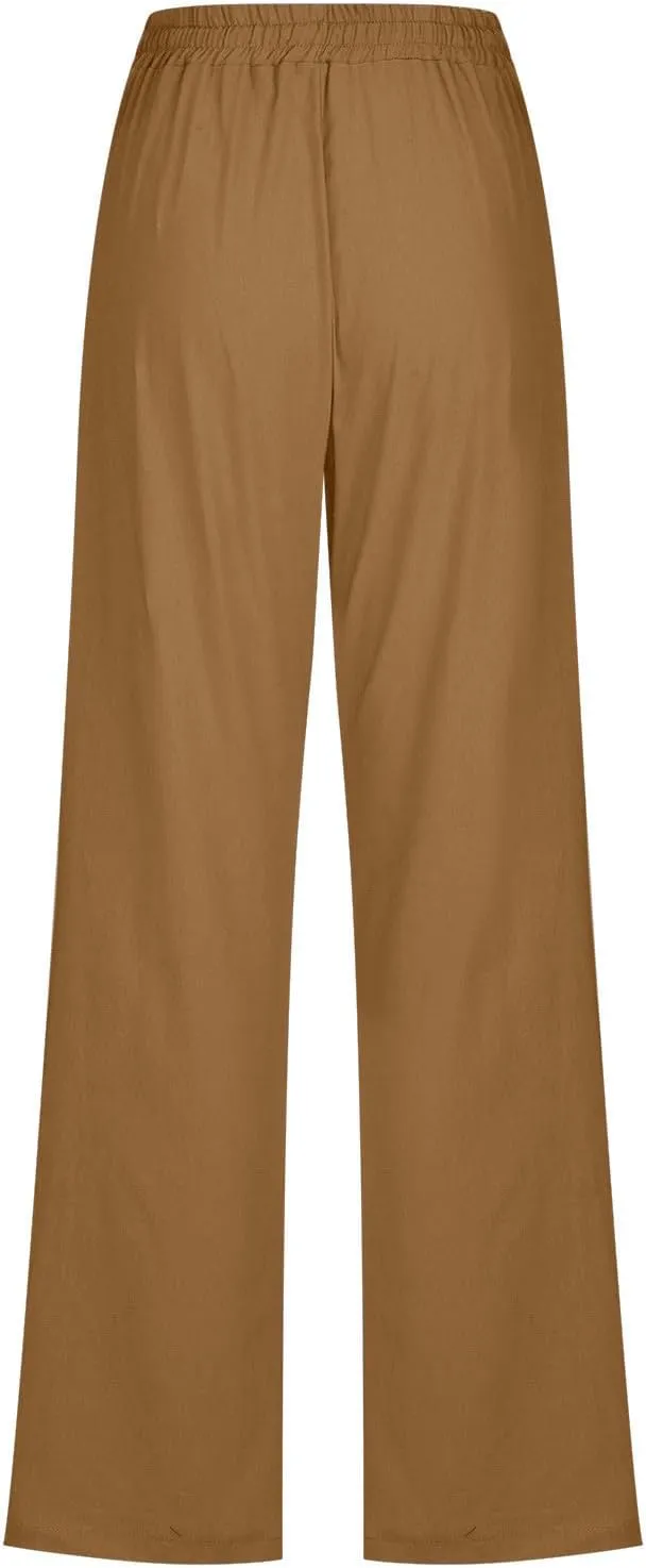 Lmdudan 2025 Cotton Linen Pants Women Straight Leg Drawstring Elastic Hight Waist Trousers with Pockets Loose Palazzo Pants
