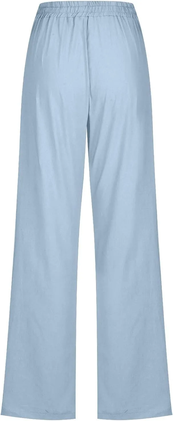 Lmdudan 2025 Cotton Linen Pants Women Straight Leg Drawstring Elastic Hight Waist Trousers with Pockets Loose Palazzo Pants