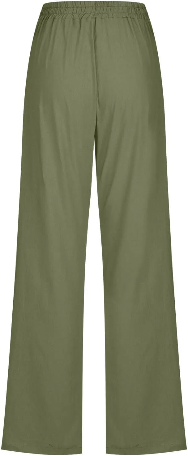 Lmdudan 2025 Cotton Linen Pants Women Straight Leg Drawstring Elastic Hight Waist Trousers with Pockets Loose Palazzo Pants