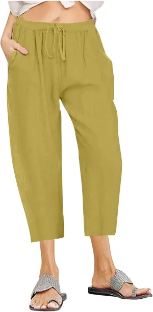 Lmdudan 2025 Women Plus Size Wide Leg Pants Summer Stretchy Drawstring Waist Workout Pants Casual Trousers Pants with Pockets