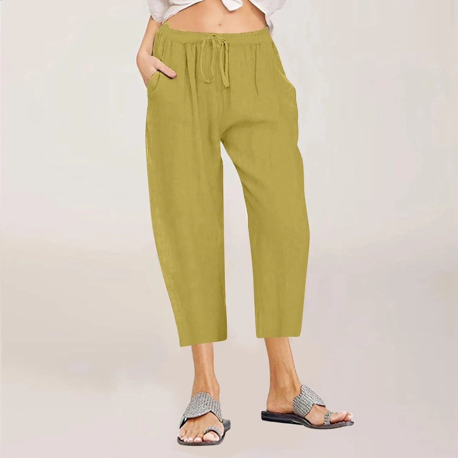 Lmdudan 2025 Women Plus Size Wide Leg Pants Summer Stretchy Drawstring Waist Workout Pants Casual Trousers Pants with Pockets