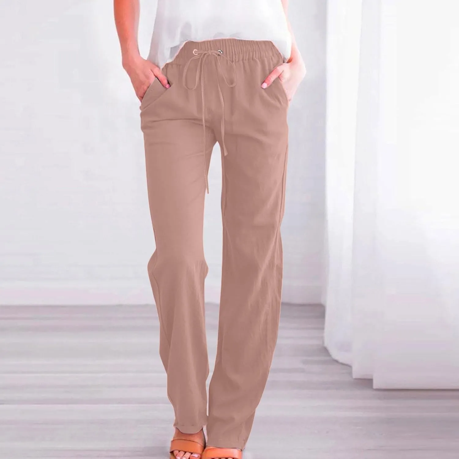 Lmdudan 2025 Women's Cotton Linen Straight Leg Pants Elastic Drawstring Casual Trousers with Pockets Summer Beach Lounge Pant