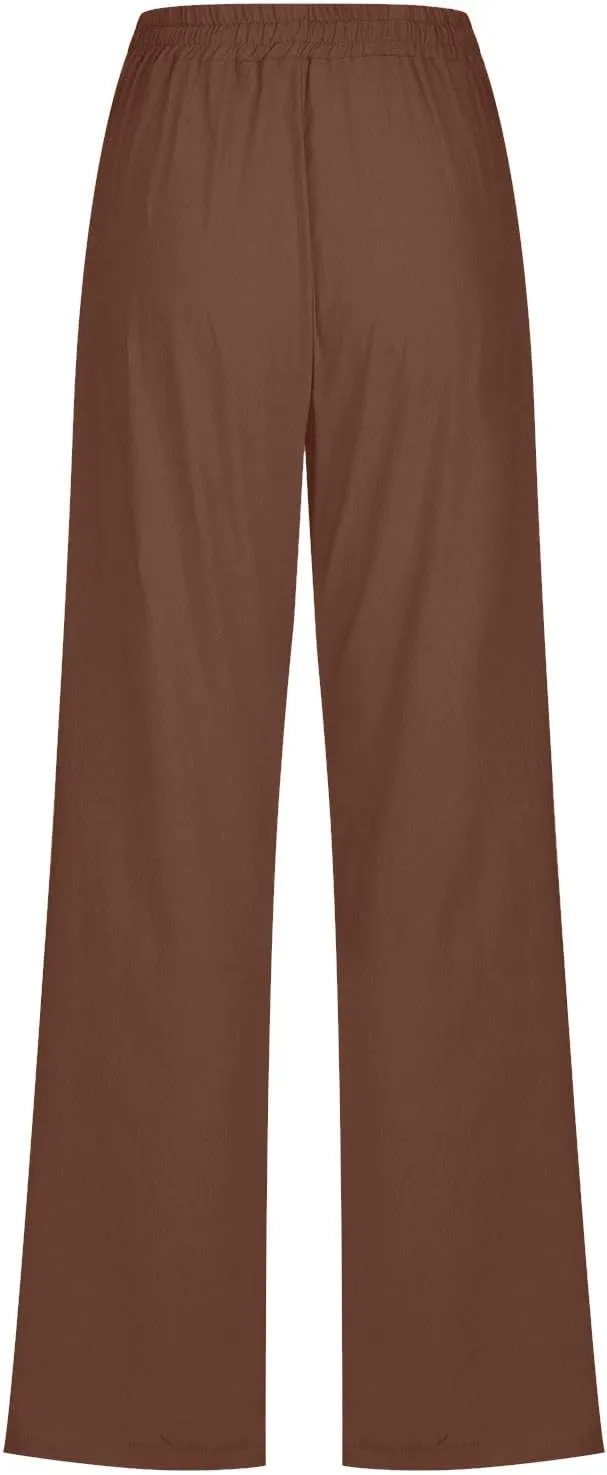 Lmdudan 2025 Women's Cotton Linen Straight Leg Pants Elastic Drawstring Casual Trousers with Pockets Summer Beach Lounge Pant