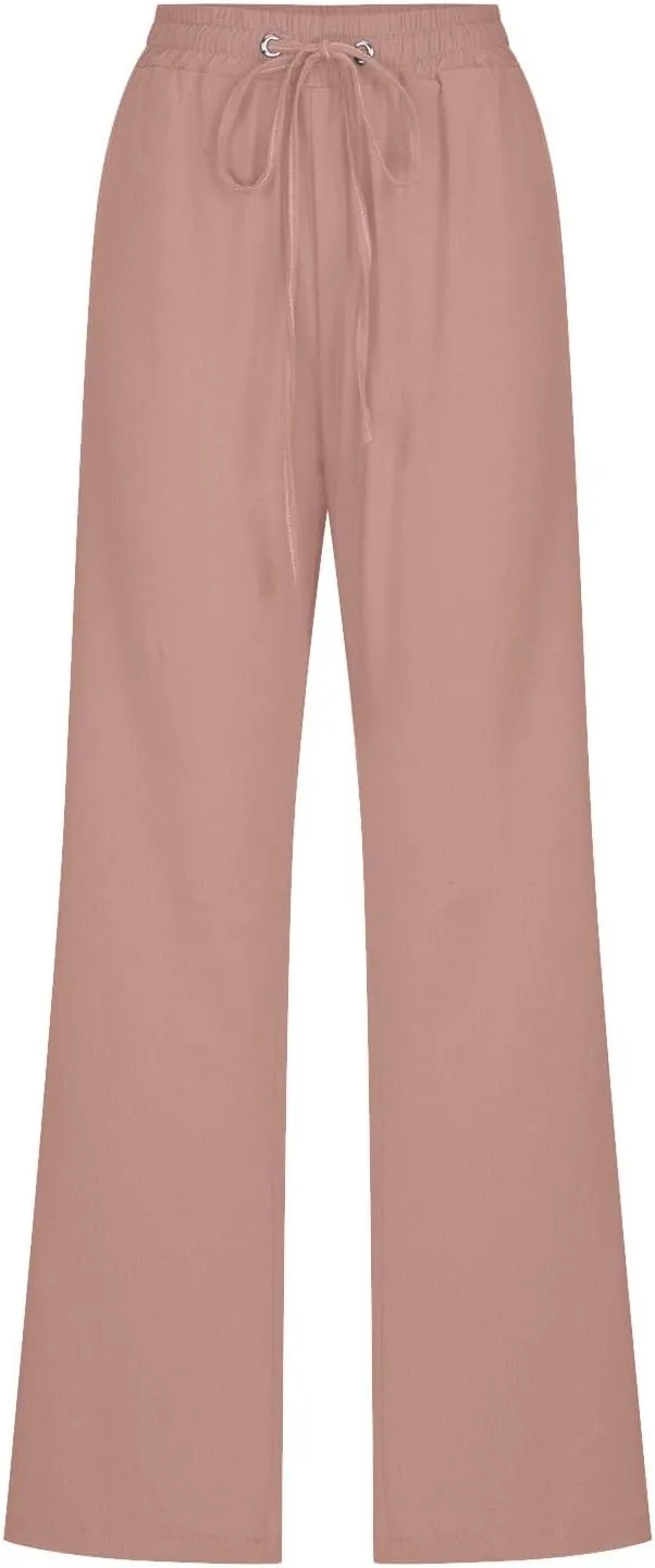 Lmdudan 2025 Women's Cotton Linen Straight Leg Pants Elastic Drawstring Casual Trousers with Pockets Summer Beach Lounge Pant