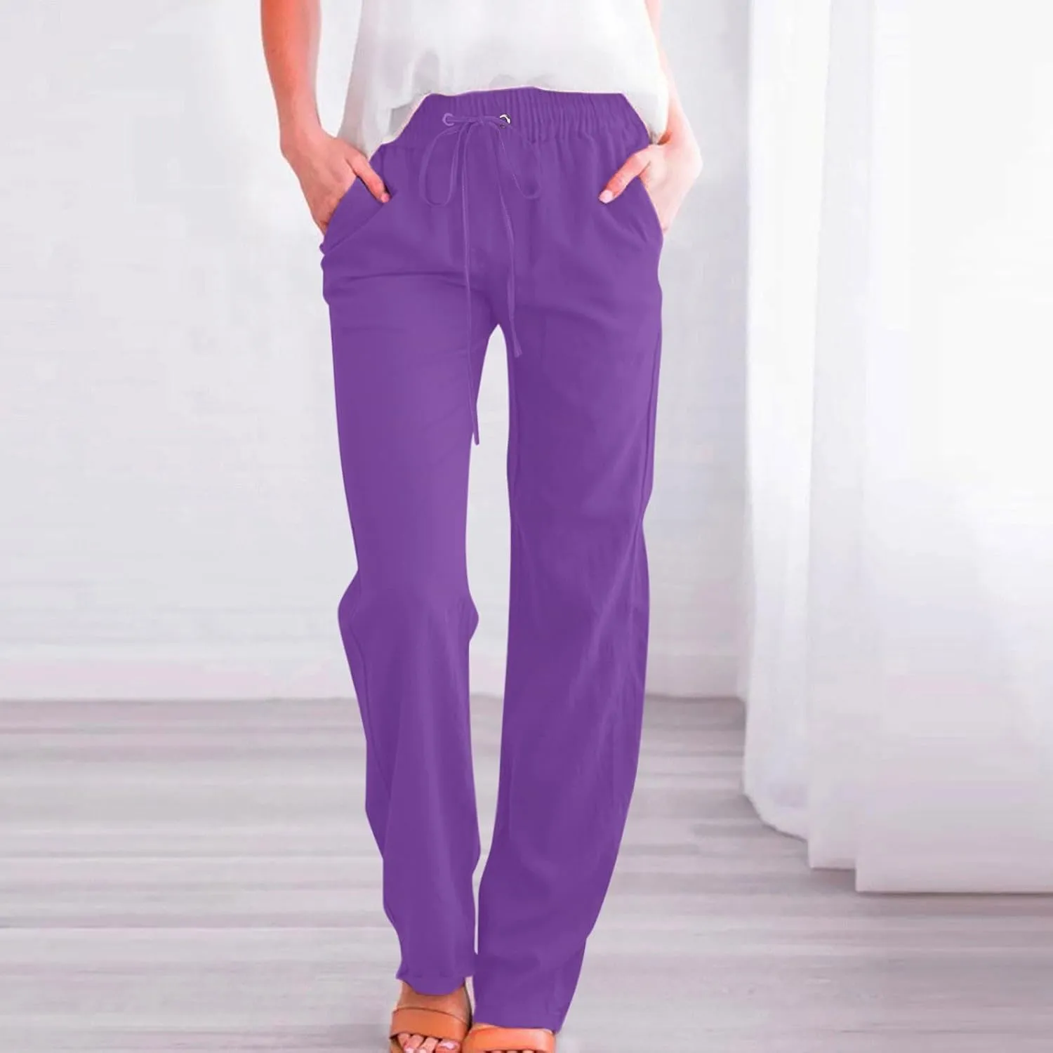 Lmdudan 2025 Women's Cotton Linen Straight Leg Pants Elastic Drawstring Casual Trousers with Pockets Summer Beach Lounge Pant