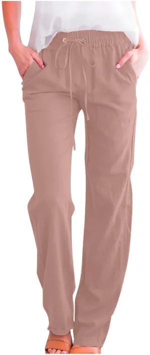 Lmdudan 2025 Women's Cotton Linen Straight Leg Pants Elastic Drawstring Casual Trousers with Pockets Summer Beach Lounge Pant