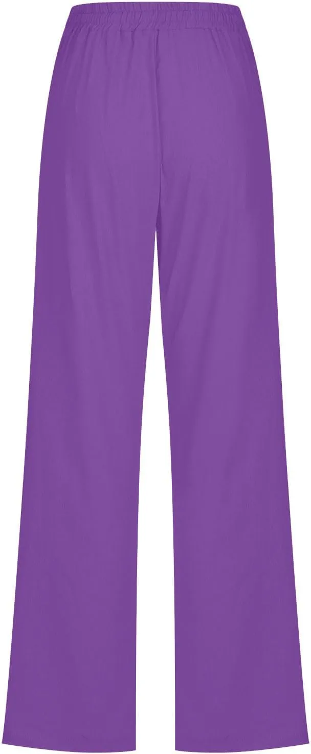 Lmdudan 2025 Women's Cotton Linen Straight Leg Pants Elastic Drawstring Casual Trousers with Pockets Summer Beach Lounge Pant