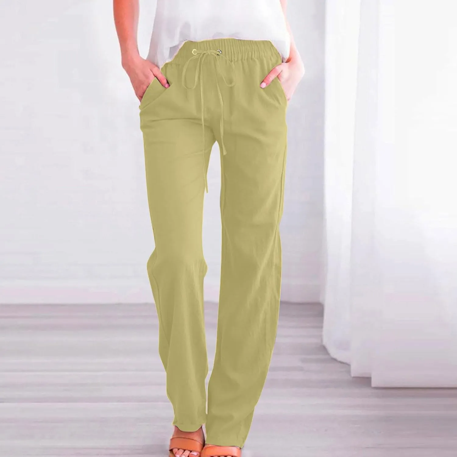 Lmdudan 2025 Women's Cotton Linen Straight Leg Pants Elastic Drawstring Casual Trousers with Pockets Summer Beach Lounge Pant