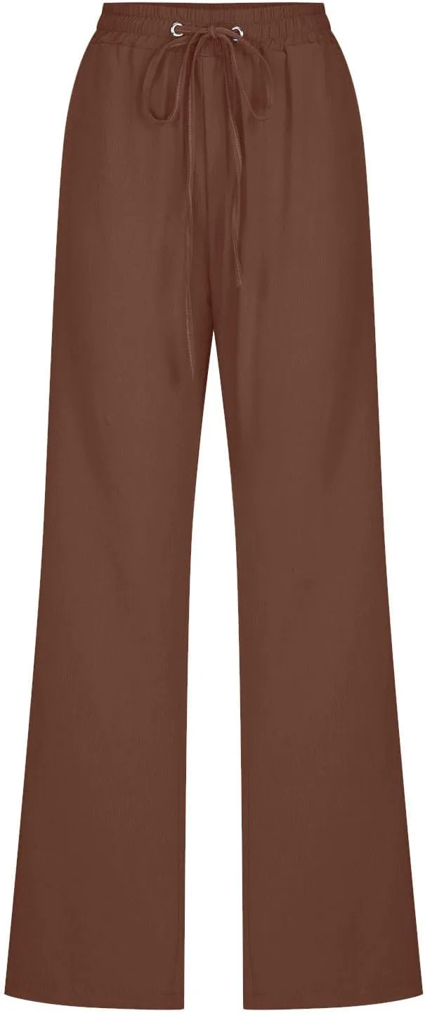 Lmdudan 2025 Women's Cotton Linen Straight Leg Pants Elastic Drawstring Casual Trousers with Pockets Summer Beach Lounge Pant