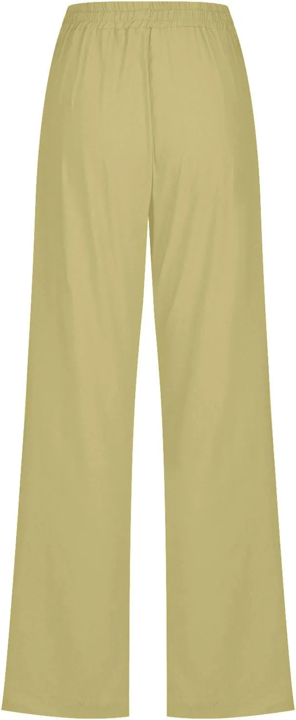 Lmdudan 2025 Women's Cotton Linen Straight Leg Pants Elastic Drawstring Casual Trousers with Pockets Summer Beach Lounge Pant