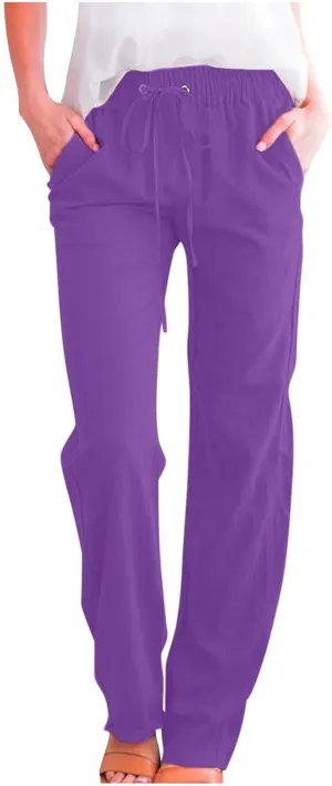 Lmdudan 2025 Women's Cotton Linen Straight Leg Pants Elastic Drawstring Casual Trousers with Pockets Summer Beach Lounge Pant