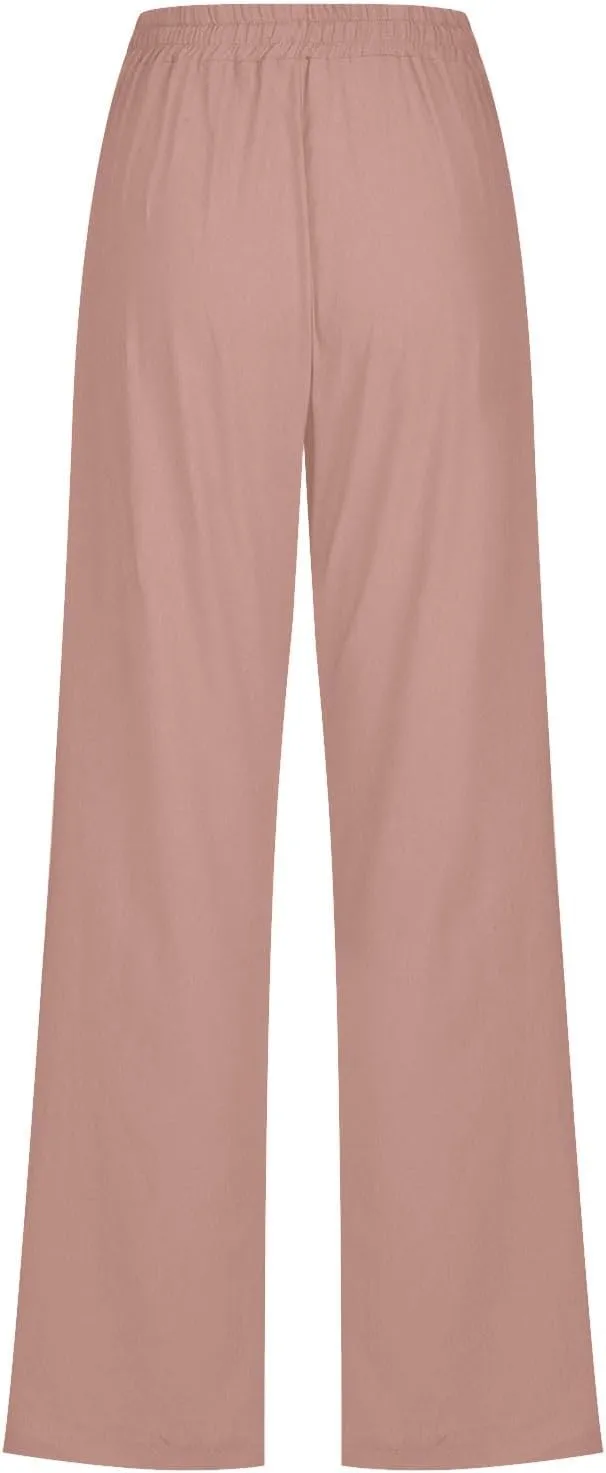 Lmdudan 2025 Women's Cotton Linen Straight Leg Pants Elastic Drawstring Casual Trousers with Pockets Summer Beach Lounge Pant