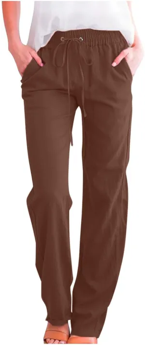 Lmdudan 2025 Women's Cotton Linen Straight Leg Pants Elastic Drawstring Casual Trousers with Pockets Summer Beach Lounge Pant
