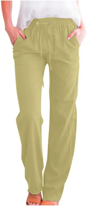 Lmdudan 2025 Women's Cotton Linen Straight Leg Pants Elastic Drawstring Casual Trousers with Pockets Summer Beach Lounge Pant