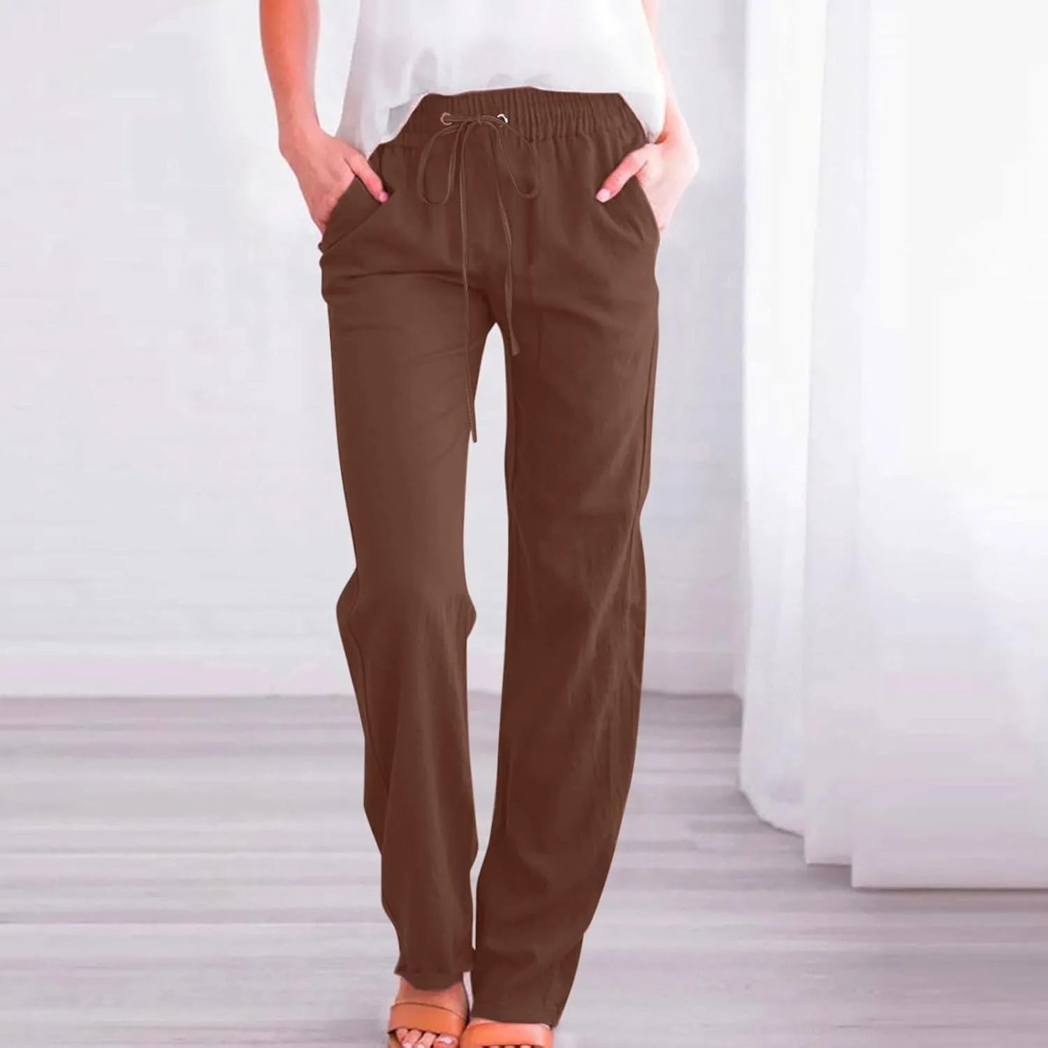 Lmdudan 2025 Women's Cotton Linen Straight Leg Pants Elastic Drawstring Casual Trousers with Pockets Summer Beach Lounge Pant