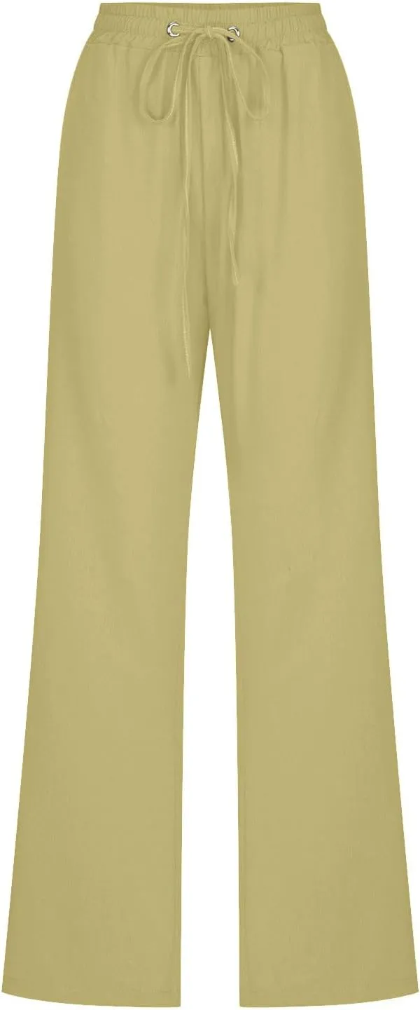 Lmdudan 2025 Women's Cotton Linen Straight Leg Pants Elastic Drawstring Casual Trousers with Pockets Summer Beach Lounge Pant